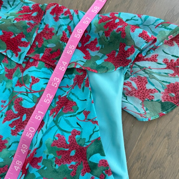 SALONI Rita Silk Maxi Dress Teal Blue Aquarium Floral Ruffle Sleeveless - US 2 - Picture 12 of 12